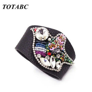 European Punk Crystal Flowers Charm Leather Bracelet Cuff