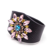 European Punk Crystal Flowers Charm Leather Bracelet Cuff