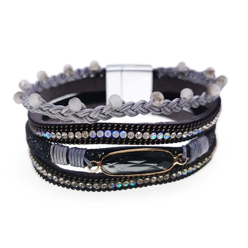 Rhinestone Bar Charm Bohemian Leather Women's Bracelet in 3 Colors
