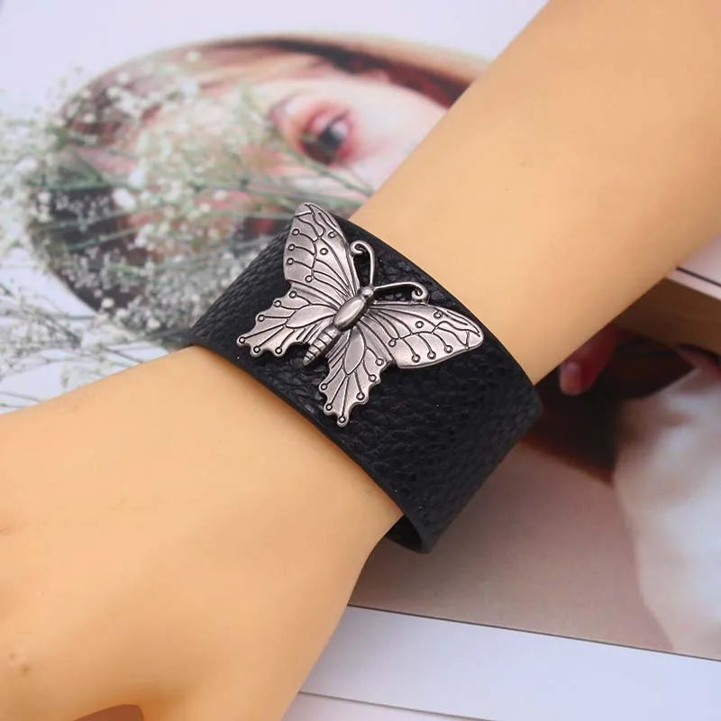 Gothic Style Leather Bracelet with Butterfly Charm
