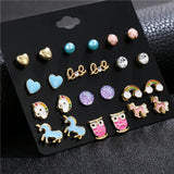 12 Pairs Kids Unicorn Owl Rainbow Love Ear Studs Set