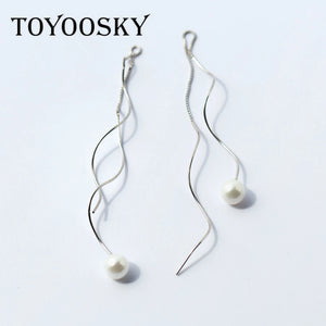 Wave Shell Pearl Ear Line 925 Silver Long Earrings For Women