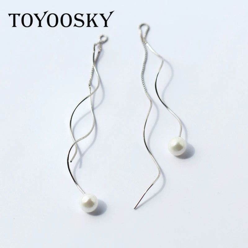 Wave Shell Pearl Ear Line 925 Silver Long Earrings For Women