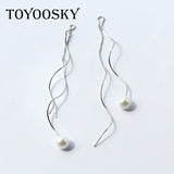 Wave Shell Pearl Ear Line 925 Silver Long Earrings For Women