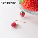 925 Silver Strawberry Drop Earrings with CZ Zircon, Sweet Fruit Ear Jewelry
