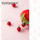 925 Silver Strawberry Drop Earrings with CZ Zircon, Sweet Fruit Ear Jewelry