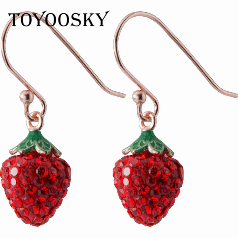 925 Silver Strawberry Drop Earrings with CZ Zircon, Sweet Fruit Ear Jewelry