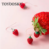 925 Silver Strawberry Drop Earrings with CZ Zircon, Sweet Fruit Ear Jewelry
