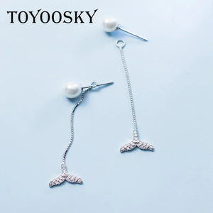 925 Silver Mermaid Tail Pearl Beaded Earrings Brincos