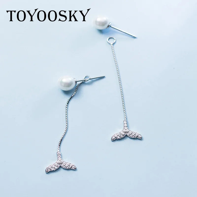 925 Silver Mermaid Tail Pearl Beaded Earrings Brincos
