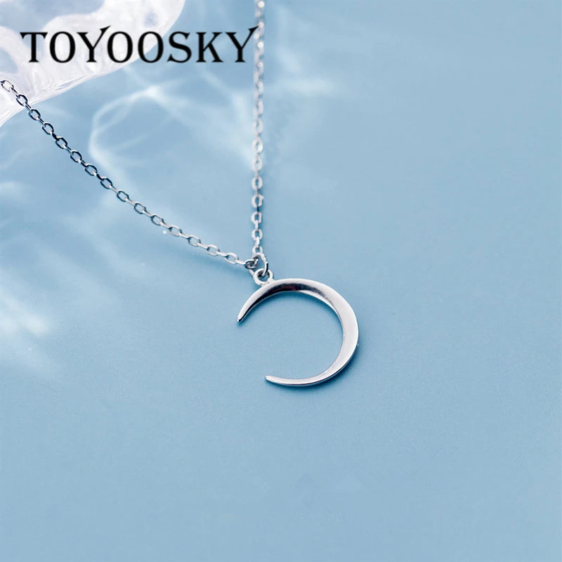 Smooth Surface Thin Moon Necklace 925 Sterling Silver Women Fine Jewelry