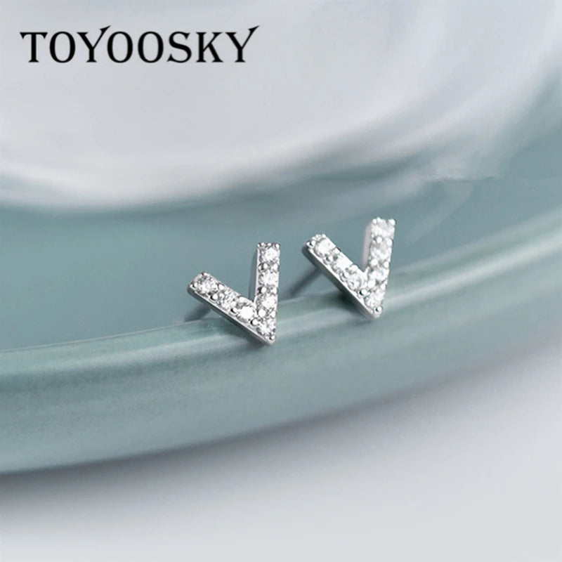 Micro Pave Zircon Stud Earrings 925 Sterling Silver Letter V Mini Earrrings