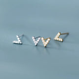 Micro Pave Zircon Stud Earrings 925 Sterling Silver Letter V Mini Earrrings