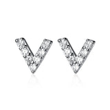 Micro Pave Zircon Stud Earrings 925 Sterling Silver Letter V Mini Earrrings