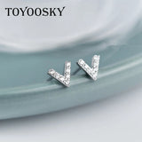 Micro Pave Zircon Stud Earrings 925 Sterling Silver Letter V Mini Earrrings