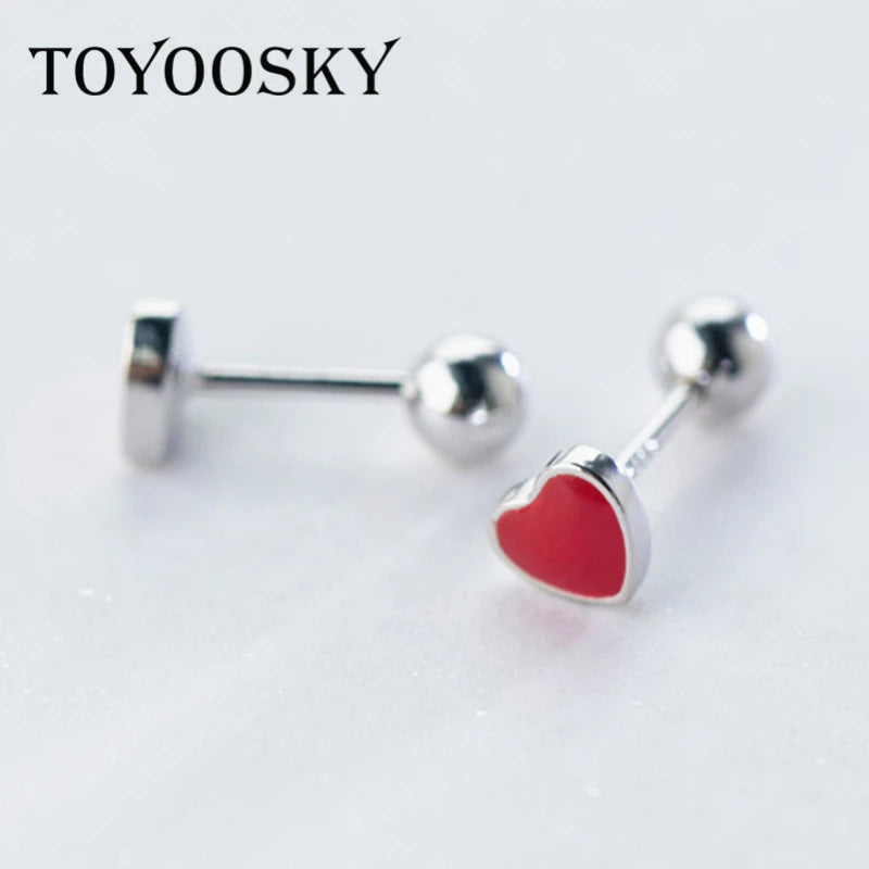 Red Heart Stud Earrings 925 Sterling Silver Ball Ear Jewelry