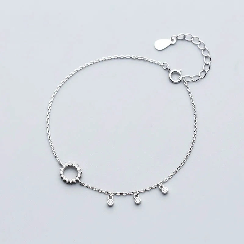 S925 Silver Crystal Hollow Round Bracelet Tassel Hand Jewelry Gift