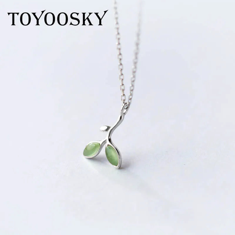 S925 Silver Leaf Necklace Green Leaves Pendant Necklace Sweet Leaves Short Chain