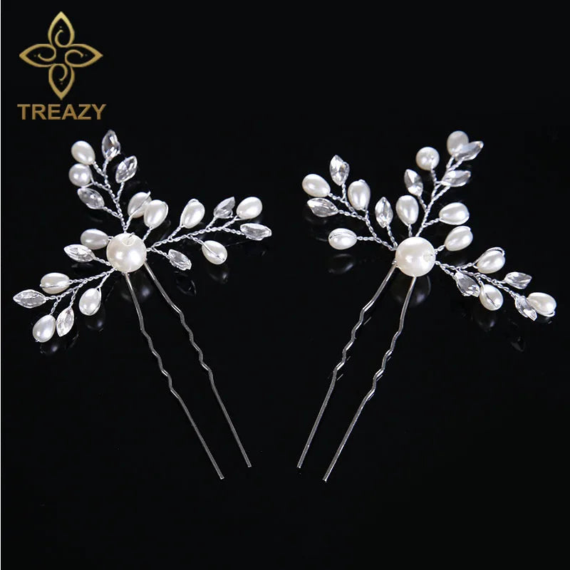 Bridal Wedding Crystal Pearl Flower Hair Pins Headpiece