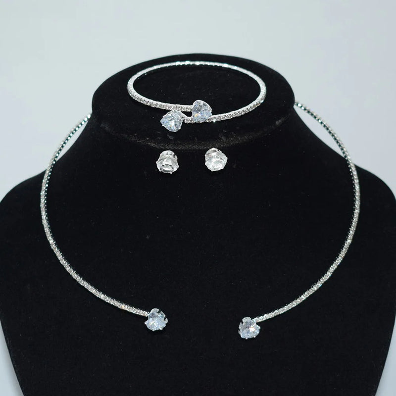 Zircon Heart Choker Necklace Earrings Bracelet Set