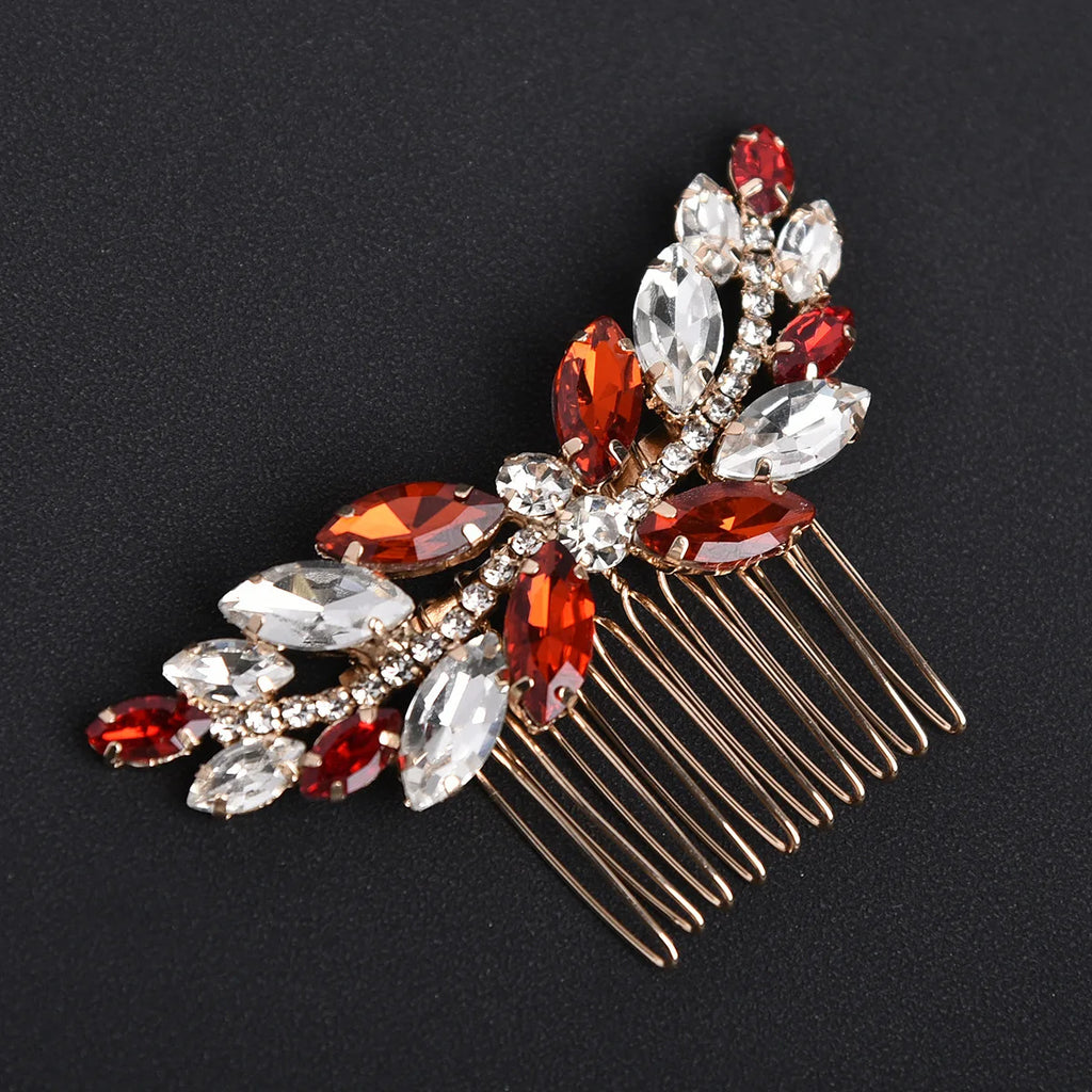 Vintage Red Stone Crystal Leaves Hair Combs Wedding Headwear