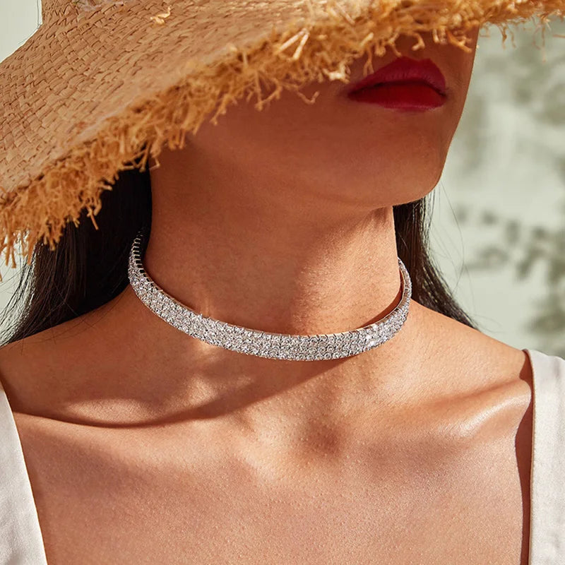 Double-layer Rhinestone Choker Necklace Round Flower Crystal Ins Neck Jewelry