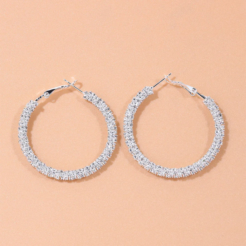 Sparkling Rhinestones Starry Hoop Earrings Silver Full Crystal Circle Earrings