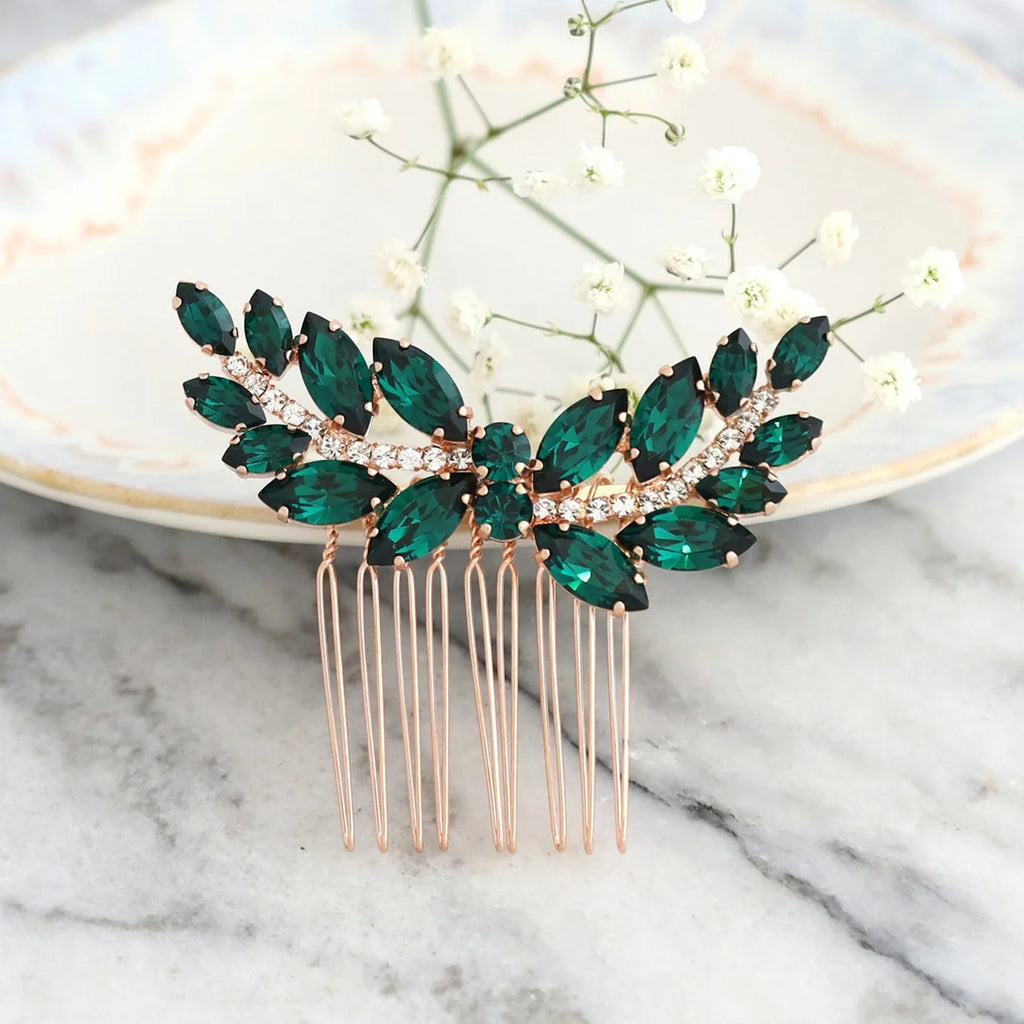 Vintage Emerald Green Crystal Leaves Hair Combs for Women Wedding Party