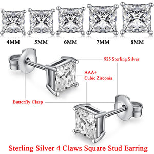 925 Sterling Crystal Stud Earrings Square CZ Stone 4 Claws S925 Jewelry