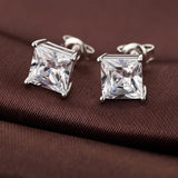 925 Sterling Crystal Stud Earrings Square CZ Stone 4 Claws S925 Jewelry