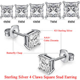 925 Sterling Crystal Stud Earrings Square CZ Stone 4 Claws S925 Jewelry
