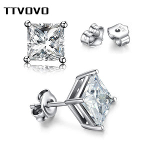 925 Sterling Crystal Stud Earrings Square CZ Stone 4 Claws S925 Jewelry