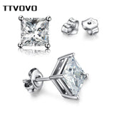 925 Sterling Crystal Stud Earrings Square CZ Stone 4 Claws S925 Jewelry