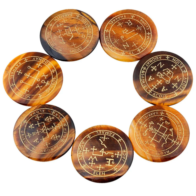 Tiger's Eye Palm Stone Engraved Archangel Symbol Healing Crystal Set