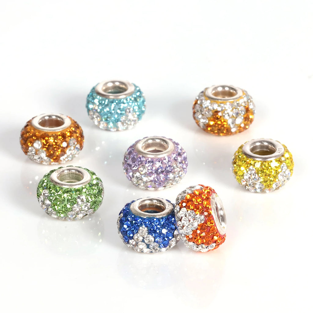 5pcs Mixed Colors CZ Crystal Rhinestone Charms Silver Core Beads 12.5x8.5mm