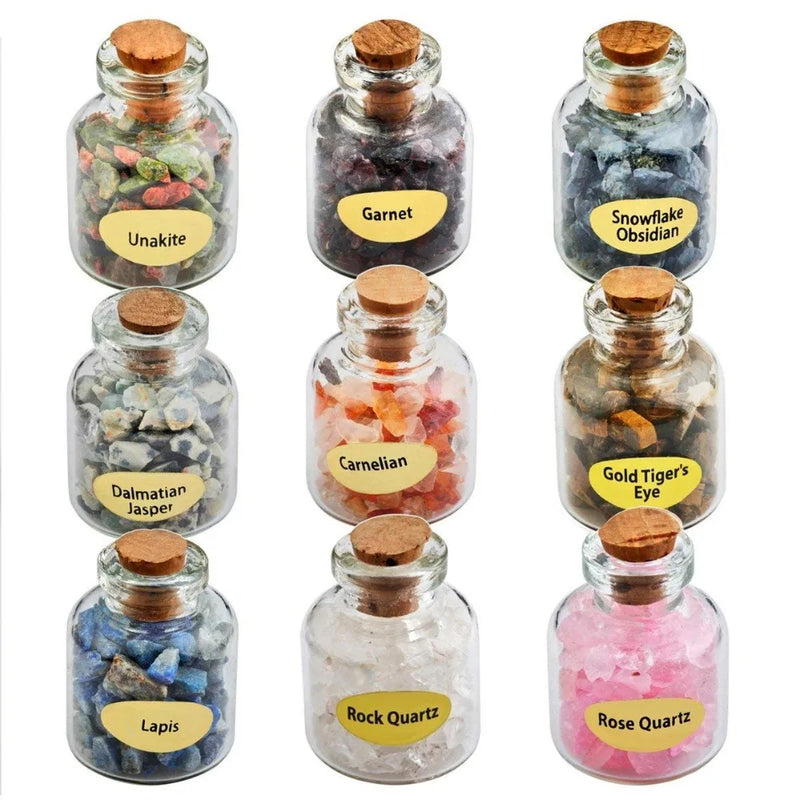 9 Mini Wishing Bottles Chips Crystal Healing Tumbled Stone Set