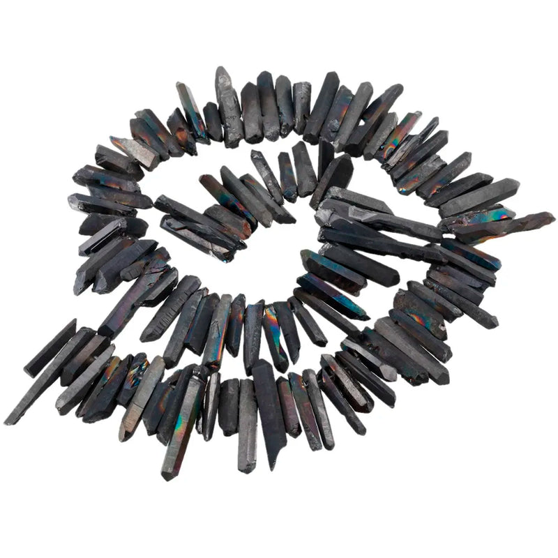 Titanium Coated Crystal Point Quartz Rough Sticks 16in Strand Drilled