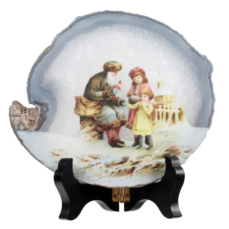 Fairy Tale Snow Scene Agate Slices Ornaments With Wooden Stand