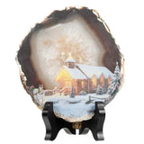 Fairy Tale Snow Scene Agate Slices Ornaments With Wooden Stand