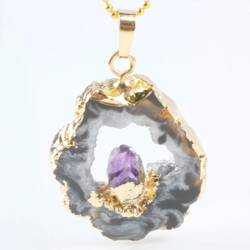 Natural Agate Quartz Slice Geode Crystal Druzy Pendant with Amethyst Point