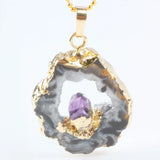 Natural Agate Quartz Slice Geode Crystal Druzy Pendant with Amethyst Point