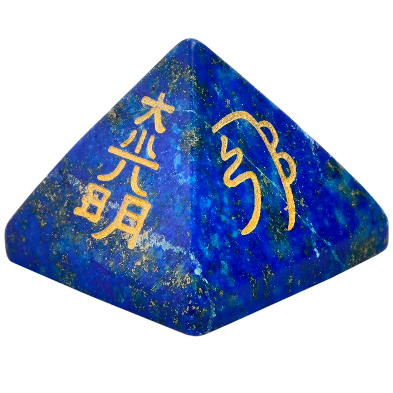 Lapis Lazuli Pyramid Engraved Usui Reiki Symbol, Healing Chakra Figurine