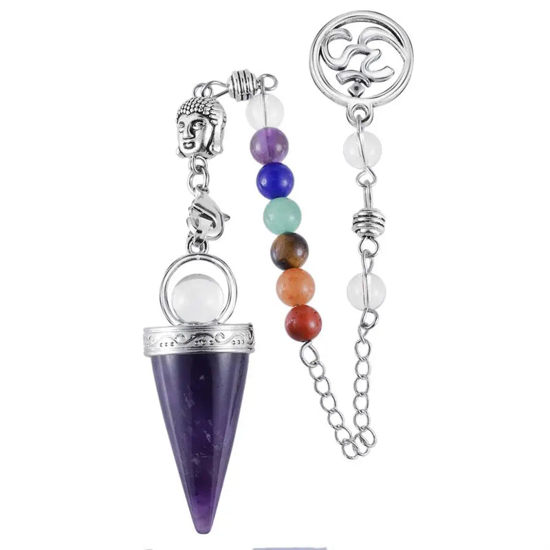 Gem Stone Cone Pendulum Buddha Head Yoga Chakra Chain Healing Crystal