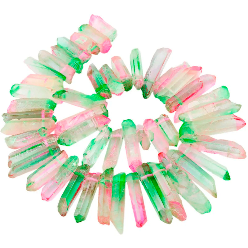 Pink Green Titanium Coated Crystal Points Rough Drilled Sticks 15" Strand