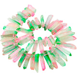 Pink Green Titanium Coated Crystal Points Rough Drilled Sticks 15" Strand