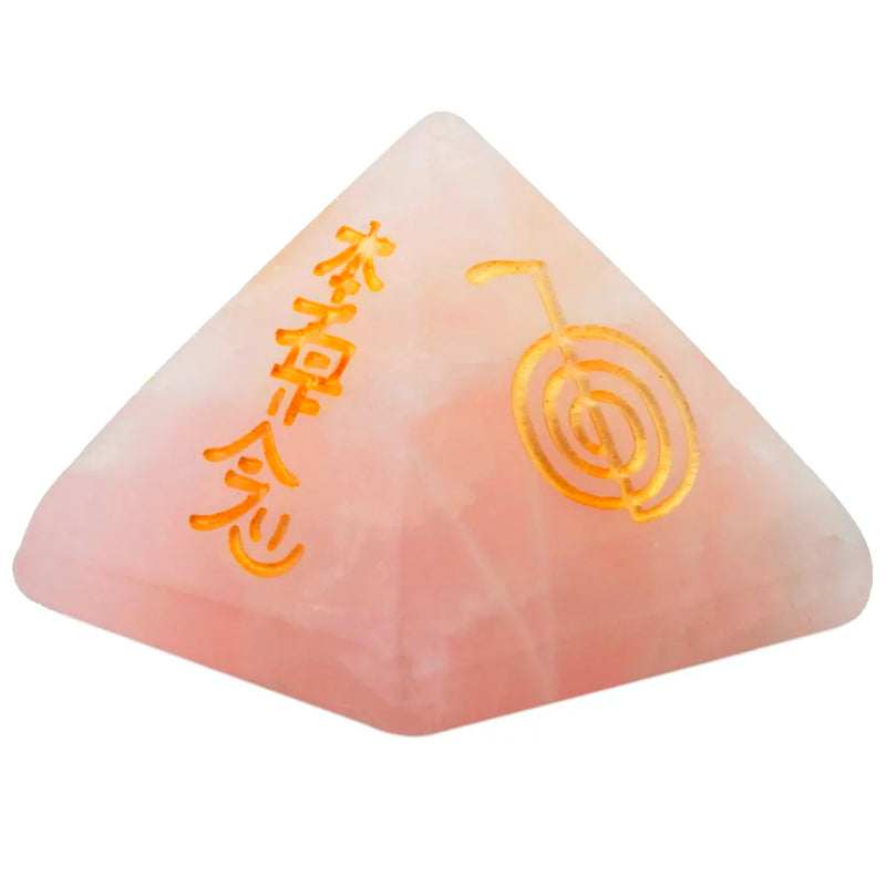 Pink Quartz Pyramid Engraved Reiki Symbol, Healing Chakra Figurine