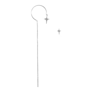French Silver Asymmetric Star Tassel Drop Earring For Women