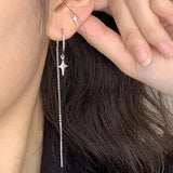 French Silver Asymmetric Star Tassel Drop Earring For Women
