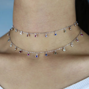 925 Silver CZ Rainbow Dots Choker Necklace