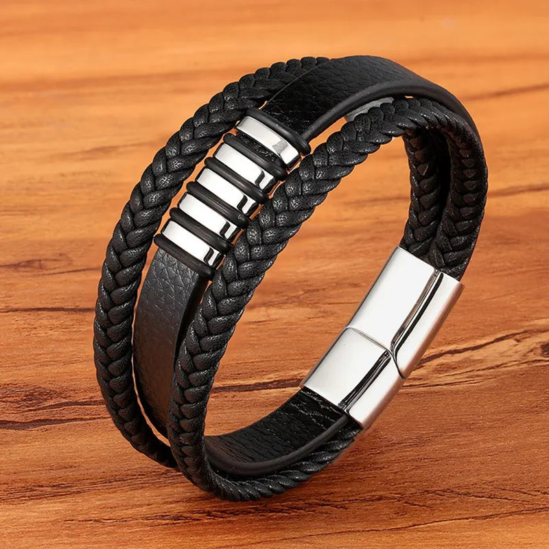 Magnetic Leather Men Bracelet Stainless Steel Punk Rock Jewelry